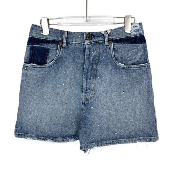 Miu Miu Crystal Embellished Distressed Denim Shorts With Frayed Hem & Pockets Si - Picture 1 of 8